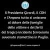 Incidente ferroviario in Puglia: il cordoglio del Presidente Girardi