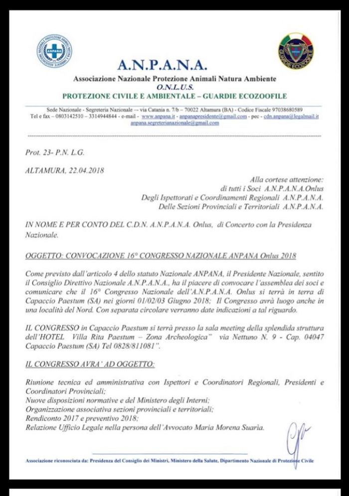 ++ CONVOCAZIONE 16&deg; CONGRESSO NAZIONALE ANPANA ONLUS 2018 ++